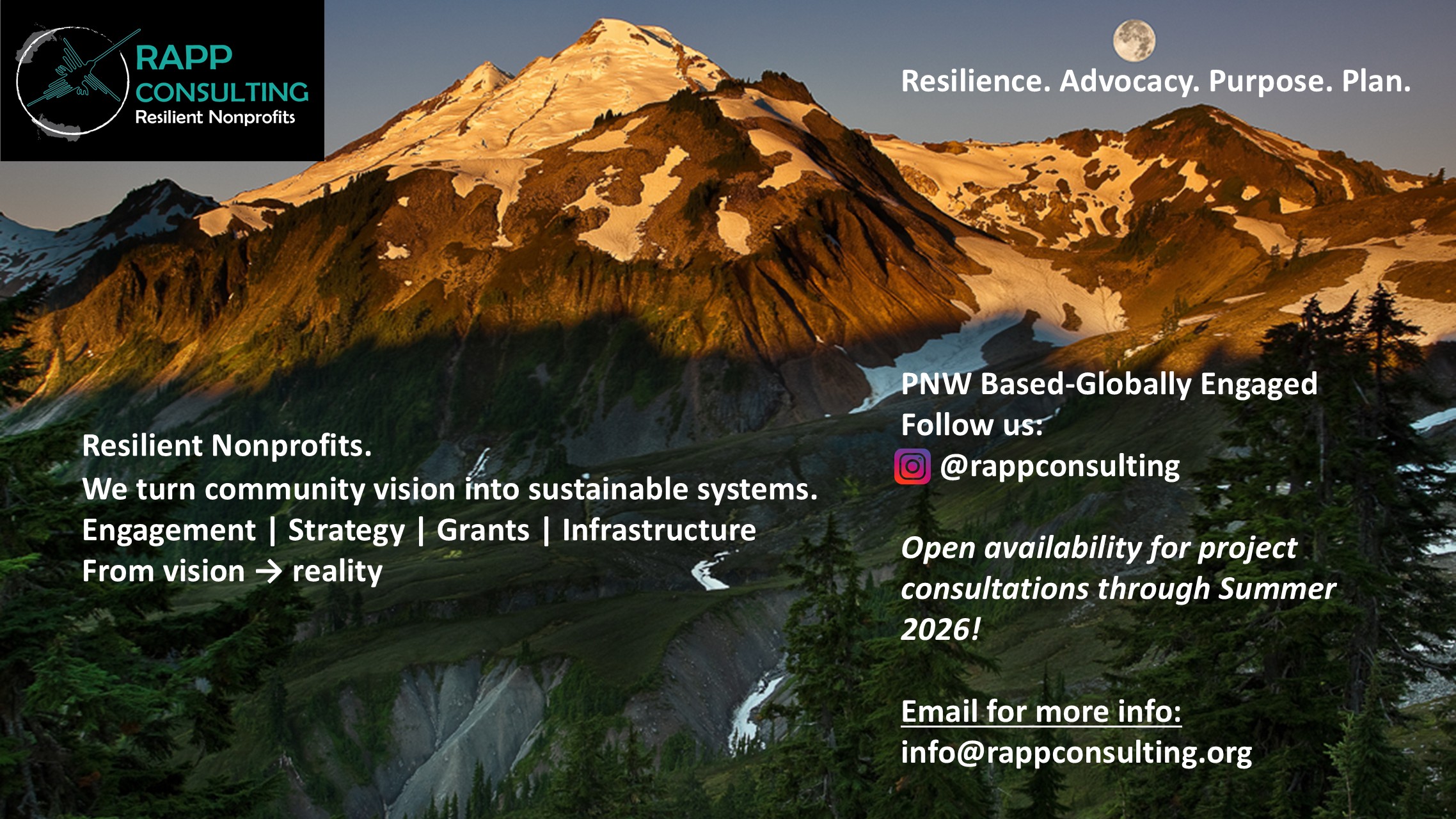 Mountain landscape with RAPP Consulting nonprofit strategy message